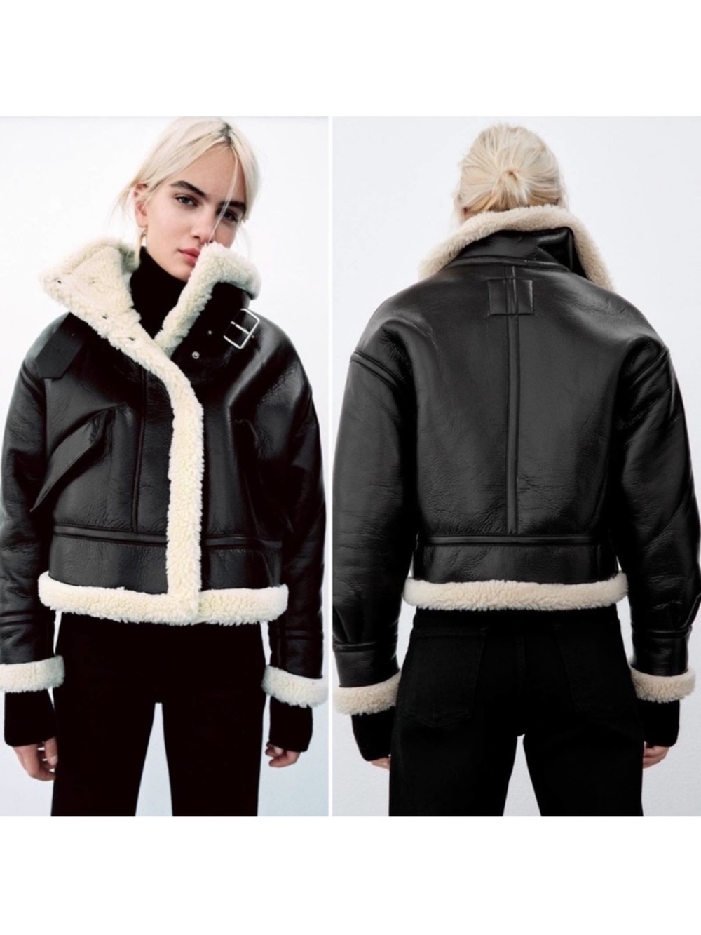 ZARA Black Faux Leather Cream Fleece Lined Sz Small Blogger Favorite - Picture 1 of 10